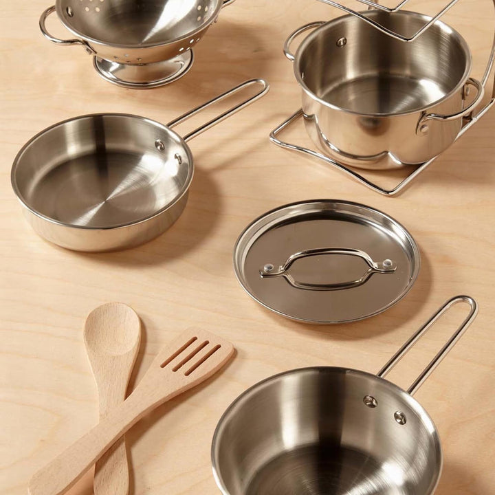 Stainless Steel Pots and Pans Pretend Play Kitchen Set for Kids (8 Pcs)