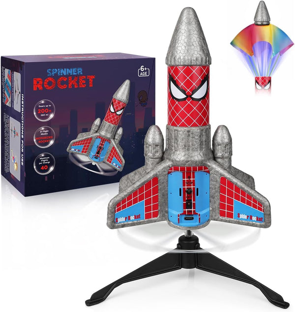 Rocket Launcher for Kids – 2Nd Gen Upgraded Design, Electric Auto Launch, 200Ft Flight with Safe Parachute, Outdoor Rocket Toy for Boys & Girls, Birthday Gift for Ages 6-13, Spider Pattern