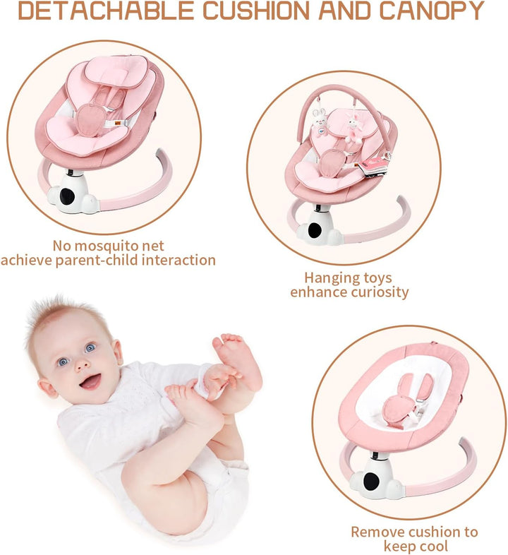 Baby Swing for Infants, Portable Electric Baby Swings with Bluetooth, 5 Swing Speed, 10 Lullabies, 5-Point Harness, Remote Control & Touch Panel - Infant Swing for Indoor & Outdoor Use, Pink