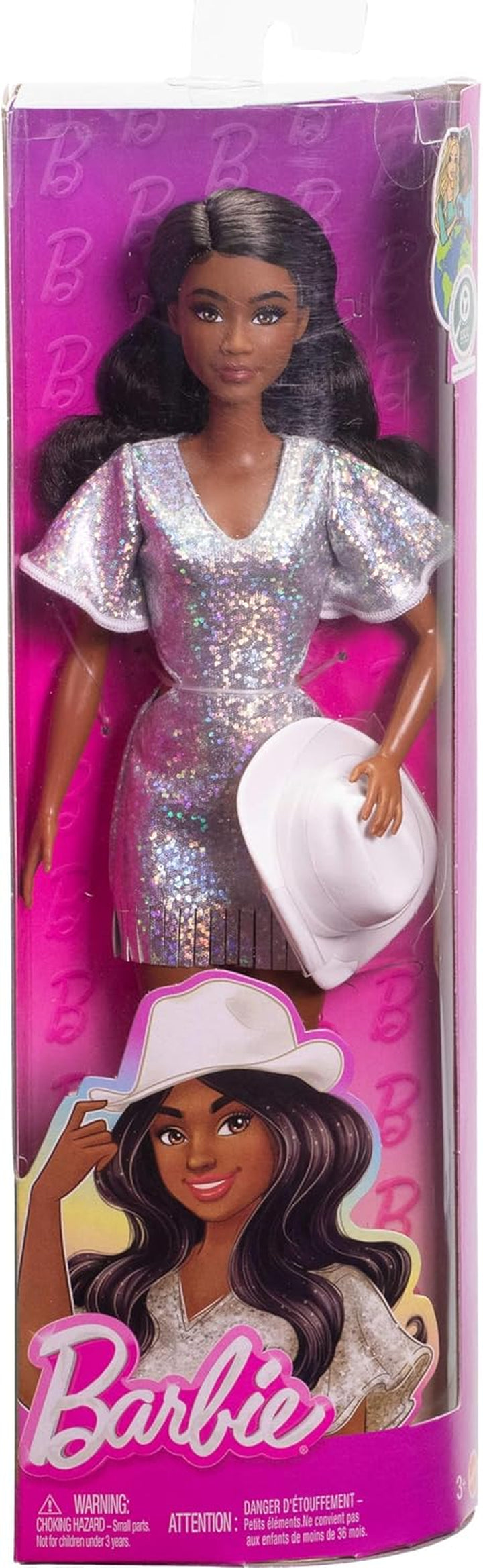 Fashionistas Doll #239 with Black Hair Wearing Sparkly Silver Fringe Dress with Western Accessories like White Cowboy Hat and Boots