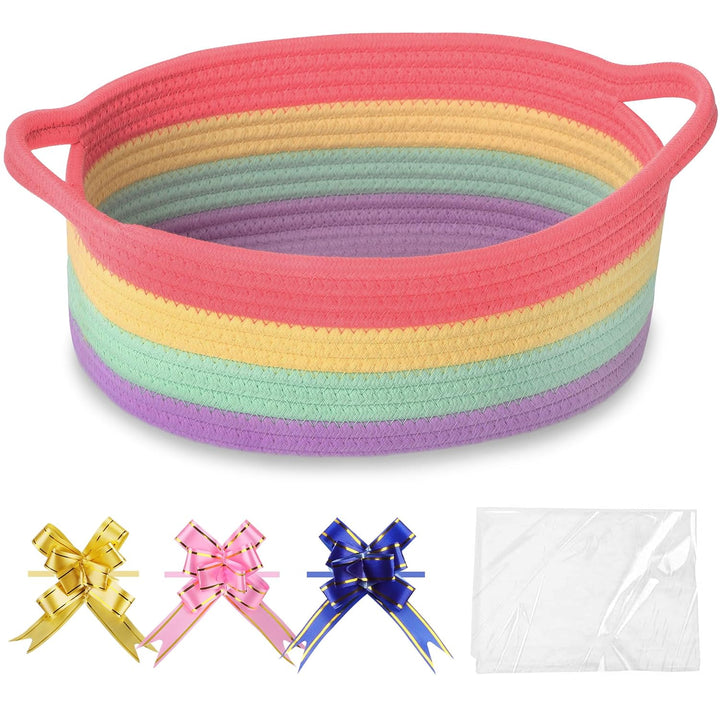 Small Woven Basket with Gift Bags and Ribbons, Gift Basket Empty, Cotton Rope Storage Organizer, Baby Toy Box with Handles, 12" X 8" X 5", Light Pink