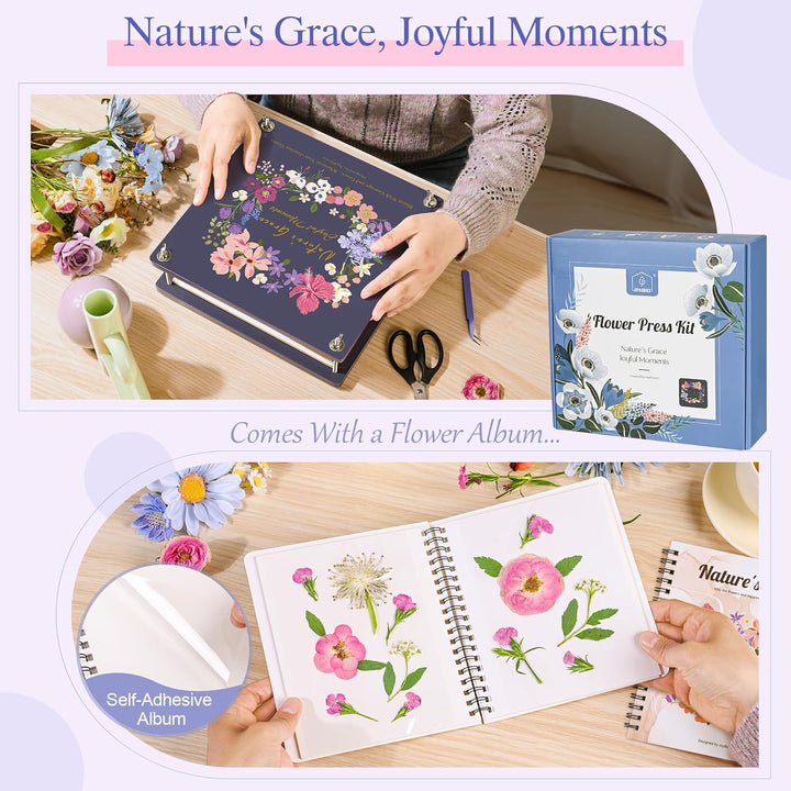 Flower Press Kit for Adults & Kids, with Designed Cover and DIY Album, 10.9" X 10.9" 10 Layers Flower Preservation Kit, Plant Press and Large Plant Drying Toolkit (Color Box, Purple Navy)