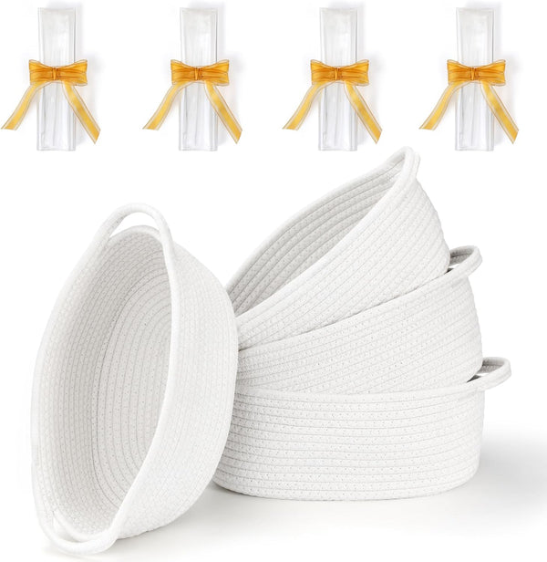4 Pack Small Woven Basket with Handles, All 12"X 8"X 5", Cotton Rope Room Shelf Storage Basket, Cat Toys, Cute Baby Gift Basket with Gift Bags and Ribbons for Nursery, Empty Decorative Gift Chest Box