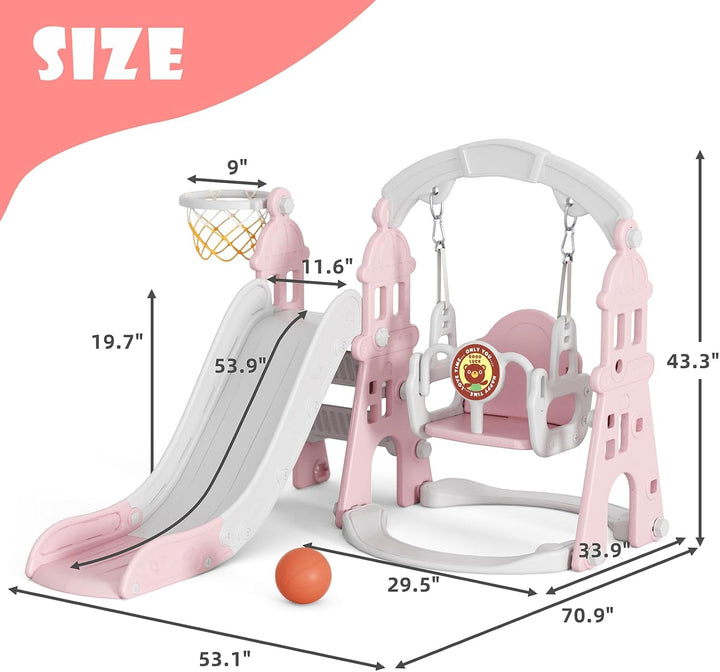 4-In-1 Kids Slide and Swing Set, Toddler Slide with Basketball Hoop, Swing, Outdoor Indoor Playground for Toddlers 1-3 (4 in 1-Pink)
