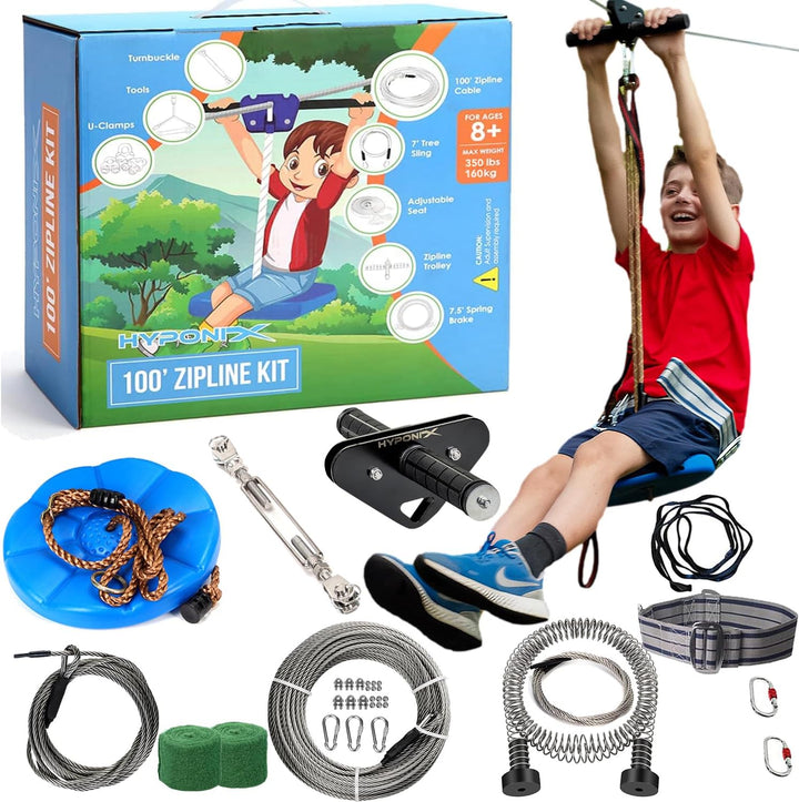 Zip Line Kit for Kids and Adults, 100/120/150/200Ft, up to 350 Lbs, Removable Trolley, Rustproof Stainless Steel, Quick Setup with Ratchet, Safety Harness, Backyard Adventure Fun W/Climbing Holds