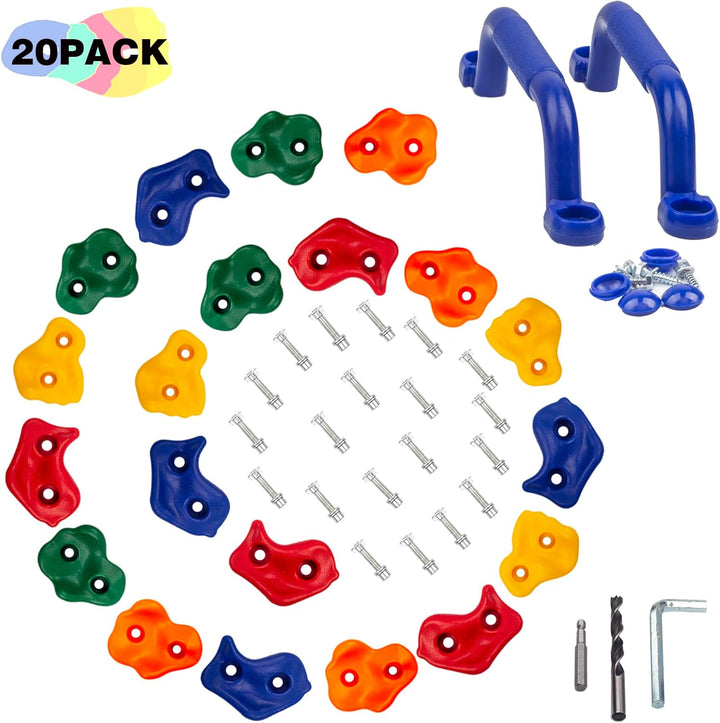 20Pc Rock Wall Climbing Holds Kids & Prise Escalade Enfant, Colourful Pig Nose Shape Climbing Set with Two Blue Handles for Indoor Outdoor Playground Playset Building