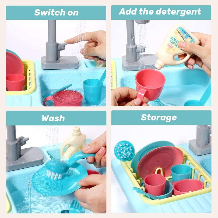 Color Changing Kitchen Sink Toys, Children Electric Dishwasher Playing Toy with Running Water, Upgraded Faucet, Automatic Water Cycle System Play House Pretend Role Play Toys for Boys Girls