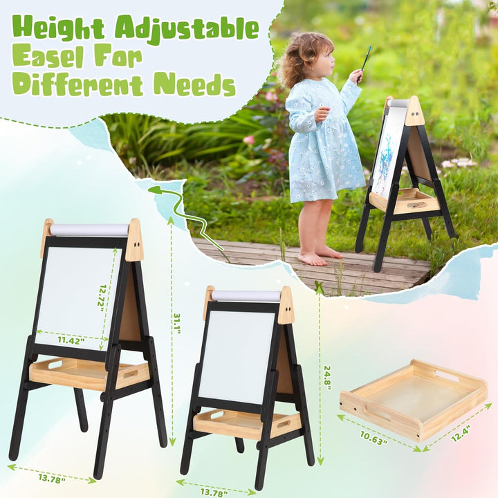 3 in 1 Easel for Kids with Wood Tray, Double Sided Kids Easel with Paper Roll,Magnetic Chalkboard & White Board Height Adjustable Painting Standing Drawing Board for Toddlers Childrens 2-5 (Black)