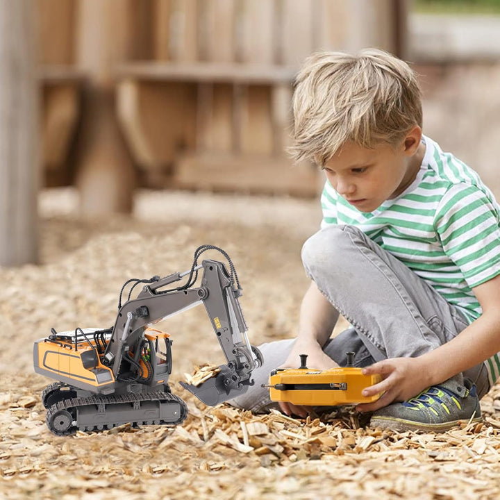 Remote Control Excavator Toy for 6-12 Yr Boys, Best Birthday Gifts for Kids 4-7 8 9 10 11 Year Old, RC Construction Toys with Metal Shovel, Lights, Sounds 2.4Ghz