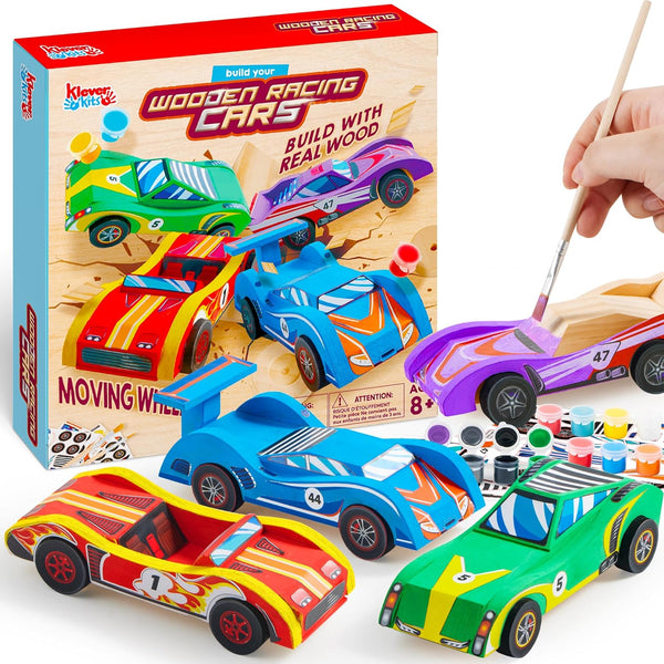 4 DIY Wooden Race Cars-Build & Paint Your Own Wood Craft Kit, 4 Race Cars Toy, Easy to Assemble Arts Crafts Kit, Birthday Party Presents for Kids Boys and Girls