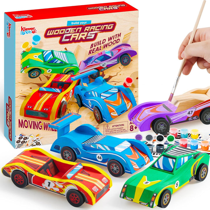 4 DIY Wooden Race Cars-Build & Paint Your Own Wood Craft Kit, 4 Race Cars Toy, Easy to Assemble Arts Crafts Kit, Birthday Party Presents for Kids Boys and Girls