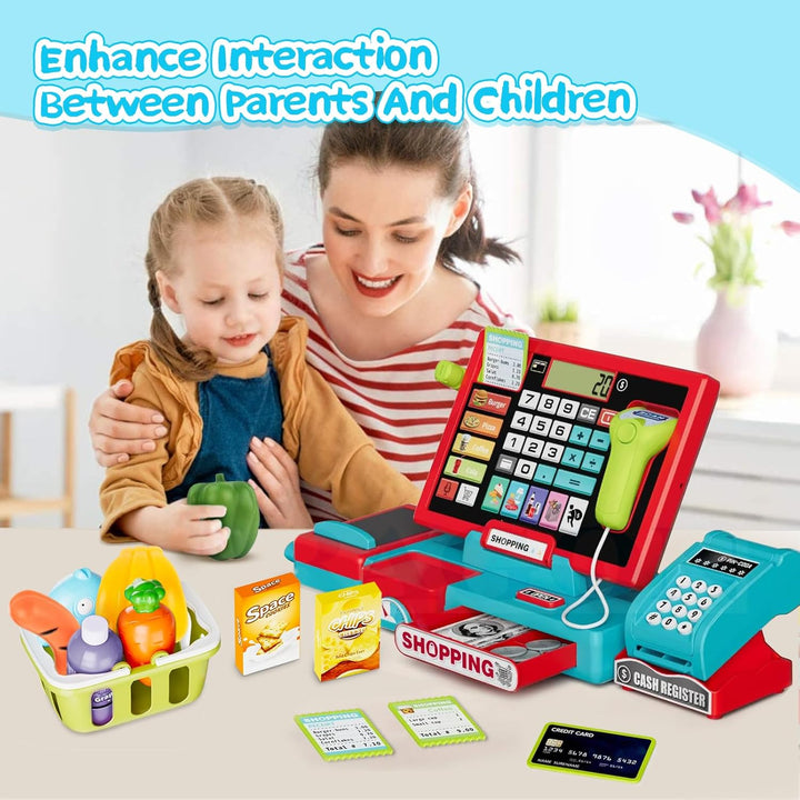 Cash Register Playset Toy for Kids, Real Calculator Register, Pretend Play Store with Music, Scanner, Play Money, Food, Preschool Learning Toy Playset Gift (Blue Red)