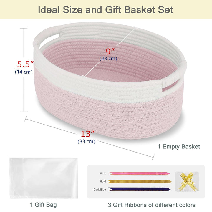 Small Woven Basket with Gift Bags and Ribbons, Empty Baby Gift Baskets, Shelf Storage, Small Cat Dog Pet Toy Boxes, 13”X 9”X 5.5”, Light Pink