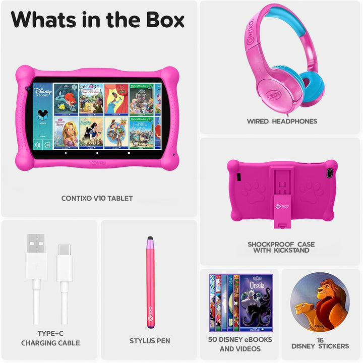 7" Disney Kids Learning Tablet Bundle - Headphones, Stylus & Bag, Pre-Installed Disney Storybook (Value $200) & Teacher-Approved Apps, Parental Controls, Ideal for Education - Pink
