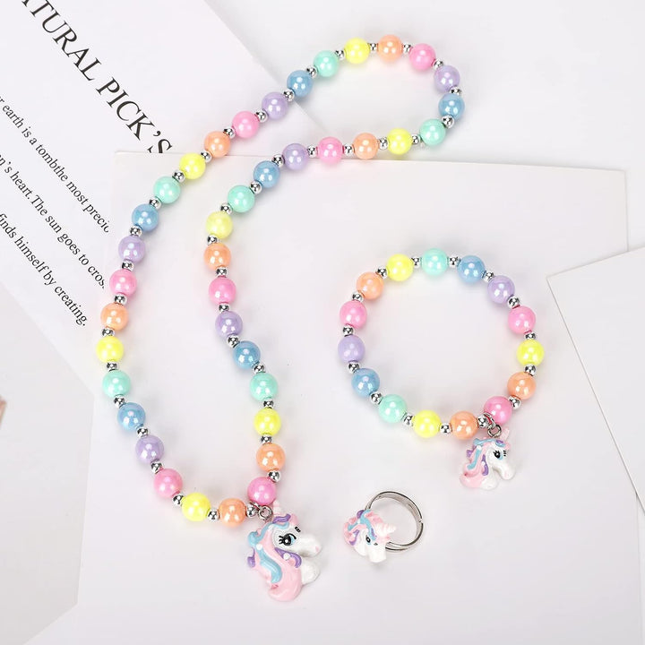 Unicorn Stretch Necklace Little Girl Toddler Necklace Bracelet Set, Little Princess Jewelry Accessories Favors Bags for Girls (2)