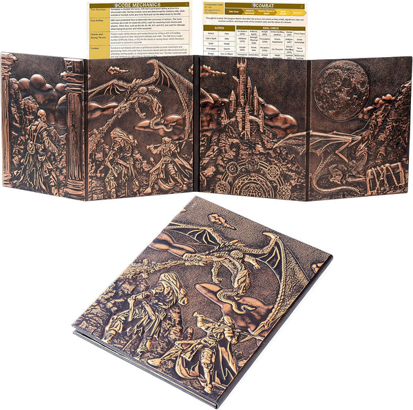 DM Screen for DND with 4 Wider Panels - Stunning Panoramic Battle Scene & Clear Game Master GM Pockets - 3D Embossed Faux Leather Dungeon Master Screen for D&D, RPG (Fits US Letter 8.5 X 11)