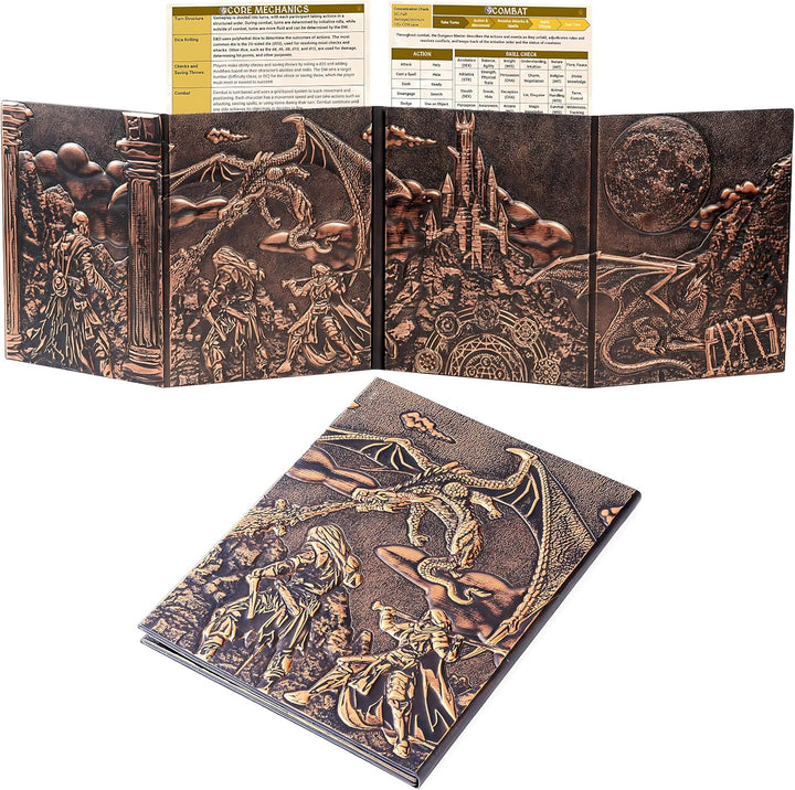 DM Screen for DND with 4 Wider Panels - Stunning Panoramic Battle Scene & Clear Game Master GM Pockets - 3D Embossed Faux Leather Dungeon Master Screen for D&D, RPG (Fits US Letter 8.5 X 11)