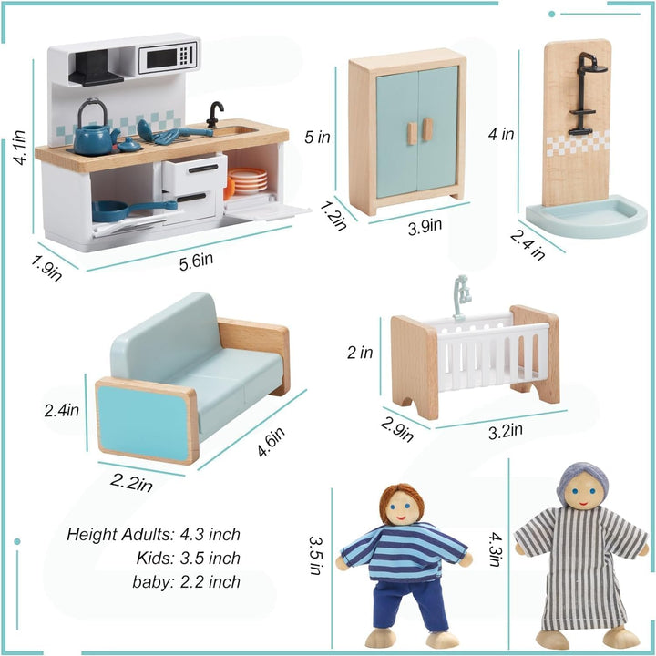 36Pcs Wooden Dollhouse Furniture Set 5 Rooms with 4 Family Dolls, Wood and Plastic Blue Dollhouse Accessories, Pretend Play Furniture Toys Christmas Birthday Gift for Boys Girls & Kids Toddlers 3Y+