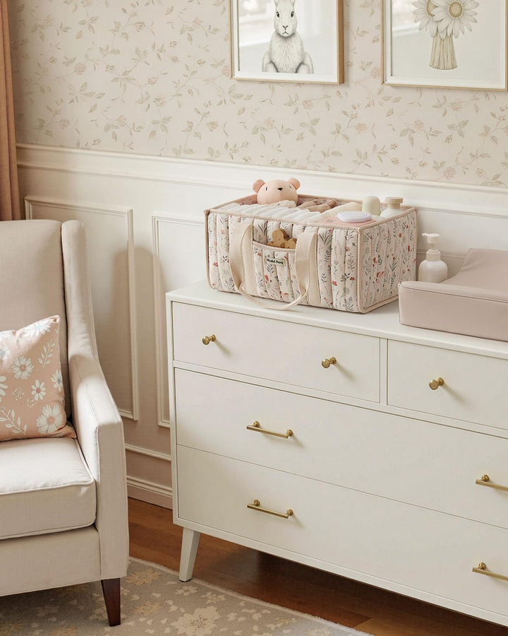 Floral Diaper Caddy Organizer, Stylish Nursery Storage Basket, Gift for Baby Shower, Newborn Essentials, Floral Beige