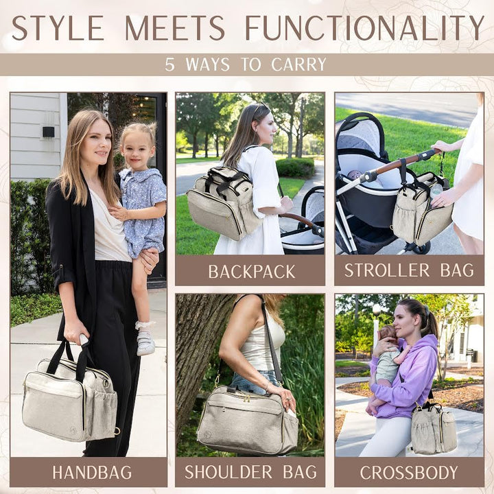 4 in 1 Convertible Diaper Bag Tote for Baby Boys and Girls - Converts into Diaper Backpack, Tote Bag, Stroller Bag and Crossbody Diaper Bag - Beige Baby Travel Bag - Gift for Mom