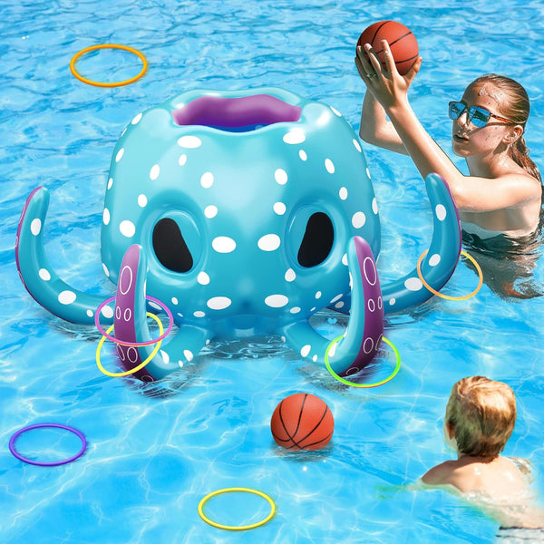 Pool Wave Kids Octopus Pool Toys, 2-In-1 Inflatable Float Water Game, Basketball Hoop Ring Toss Outdoor Swim Play, Cool Summer Family Party Gift 3 4 5 6 7 8 Year Old Boy Girl Child-Blue