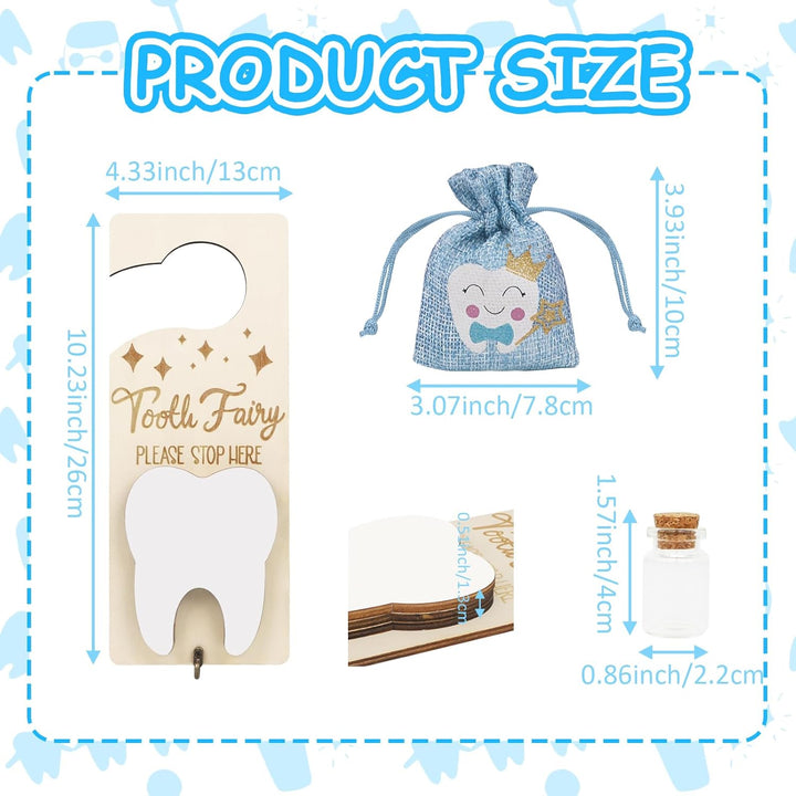 3PCS Tooth Fairy Tooth Holder, Tooth Fairy Door Hanger with Money Slot, Keepsake Bottle & Burlap Pouch for Lost Teeth, Encourage Gift for Boys Girls,Blue
