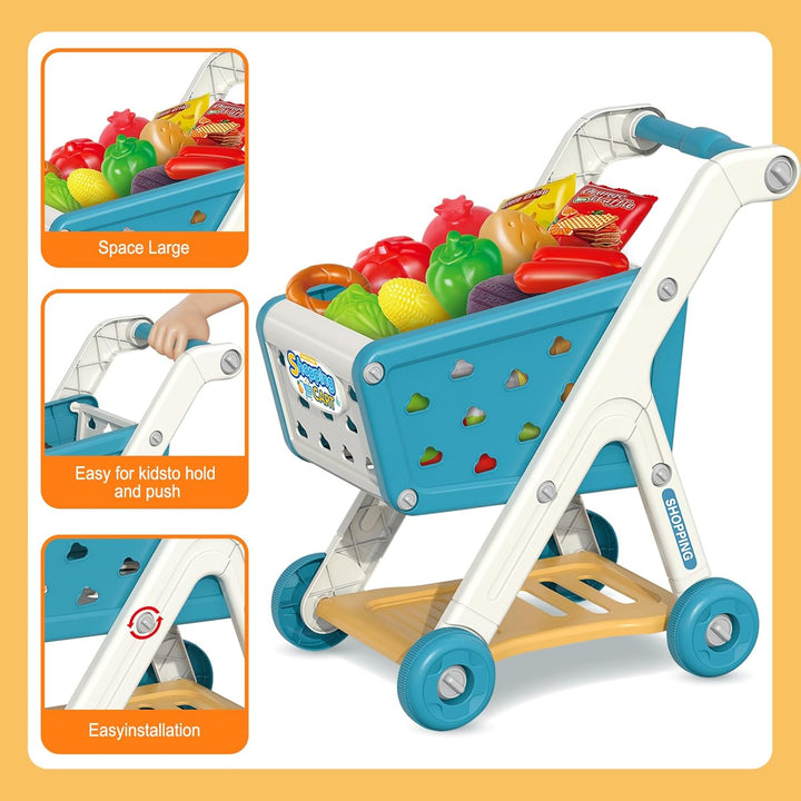 Kids Shopping Cart Trolley Play Set and Pretend Play Calculator Cash Register Toy with Pretend Food and Accessories,Perfect for Ages 3+ Pretend Play and Role-Playing Games