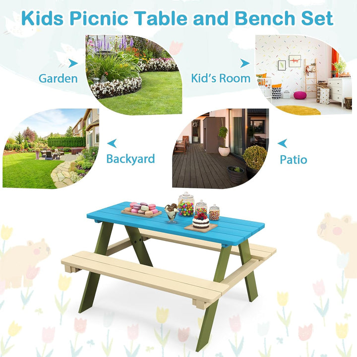 Kids Picnic Table, Acacia Wood Kids Outdoor Table with Benches, Toddler Patio Furniture Set for Backyard, Garden, Lawn, Gift for Boys Girls 3+ (Green)