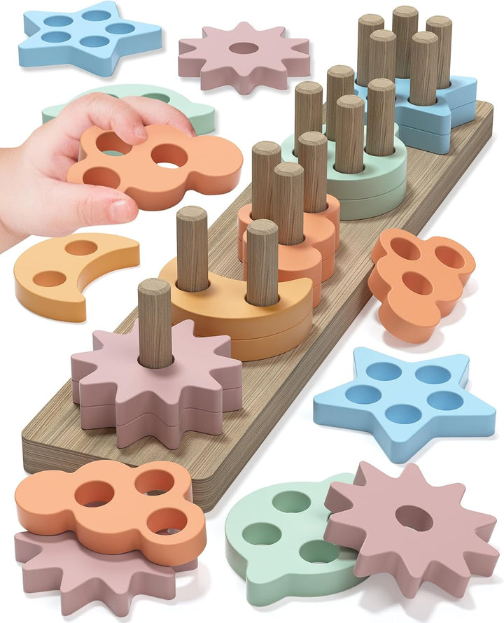 Montessori Toys for 1 2 3 Year Old Boy Girl, Toys for Ages 2-4 Toddlers Kids Baby, 1 2 Year Old Birthday Gifts, Wooden Learning Puzzles Shape Sorter Toy for Toddlers 1-3