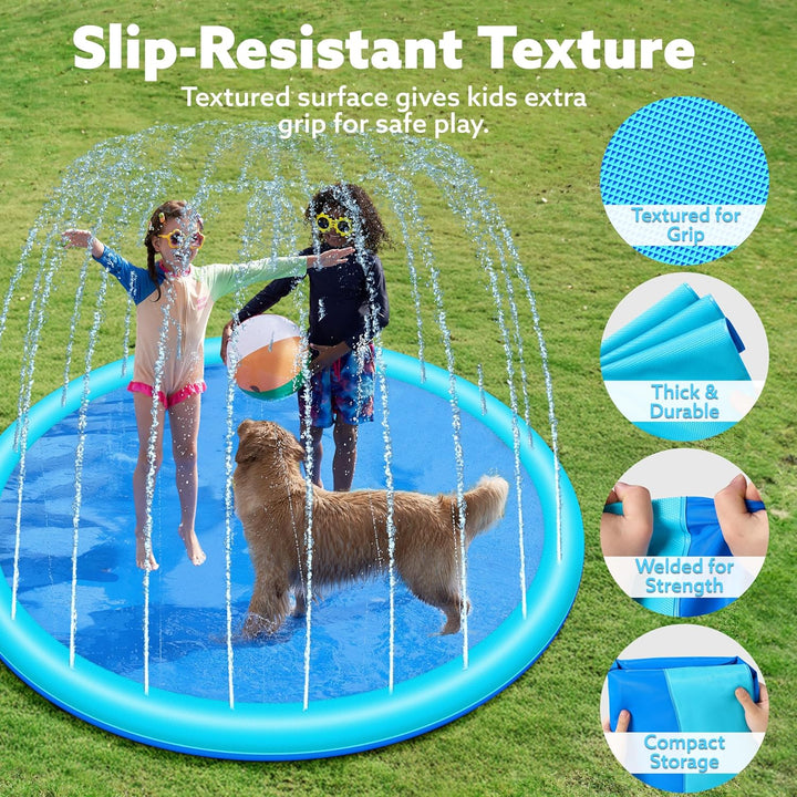 72" Non-Slip Splash Pad Sprinkler - Outdoor Water Toys Play Mat for Toddlers Kids Dogs, outside Thickened Sprinkler Pool Party Durable Backyard Fountain for Girls Boys Pets (72In, Blue)