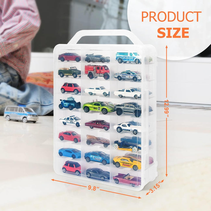 Double Sided Storage Case for 48 Toy Cars, Matchbox Cars, Portable Transparent Storage Case with 48 Compartments, Case Only (Transparent)…