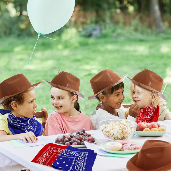24 Pieces Western Cowboy Hat Set, Felt Cowboy Themed Party Hats with Paisley Bandanas for Kids Costume Party(Brown, Red, Blue)