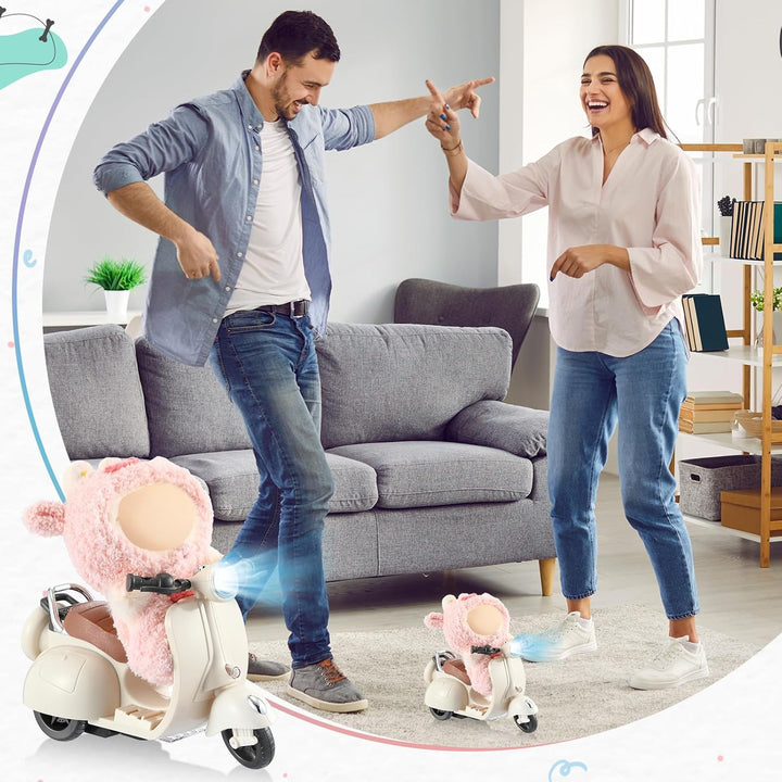 Mini Electric Doll Scooter Vehicles Toy 4 Colors Available Funny Doll Accessory with Music & Lights Could Rotate 360° Cute Plastic Scooter Toy Ornaments Battery Not Included (Cream)