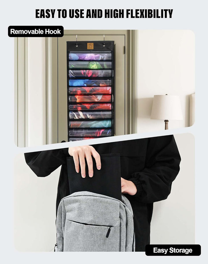 Playmat Holder, Playmat Tube Storage Bag for MTG with 2 Hooks, Fits 12+1 Card Game Playmats with Transparent Plastic Slots, Portable Organizer Rack for TCG/RPG Mat (12 Tubes, Black)