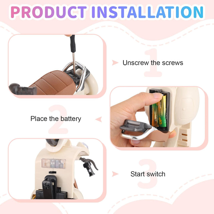 Mini Funny Electric Doll Scooter Vehicles Accessory with Music and Lights Could Rotate 360° Cute Plastic Scooter Desktop Ornaments Screwdriver Included Battery Not Included