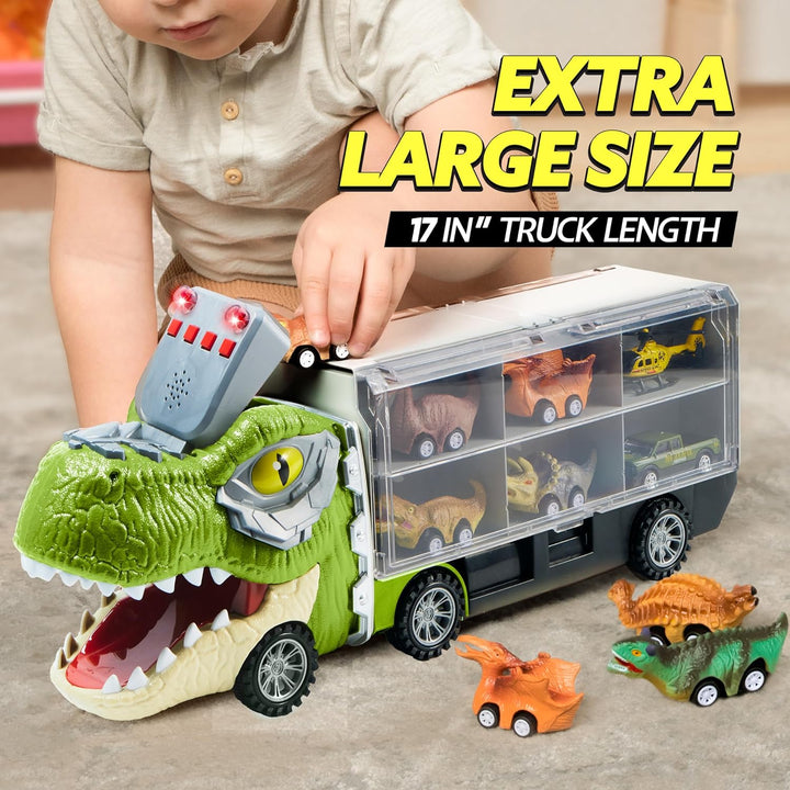 13 in 1 Dinosaur Toys for Kids 3-5, Dinosaur Truck with 12 Pull Back Cars, Small Cars Set, Birthday Gifts Toys for 3 4 5+ Year Old Boy, Transport Carrier Truck for Toddlers 3-4 Years