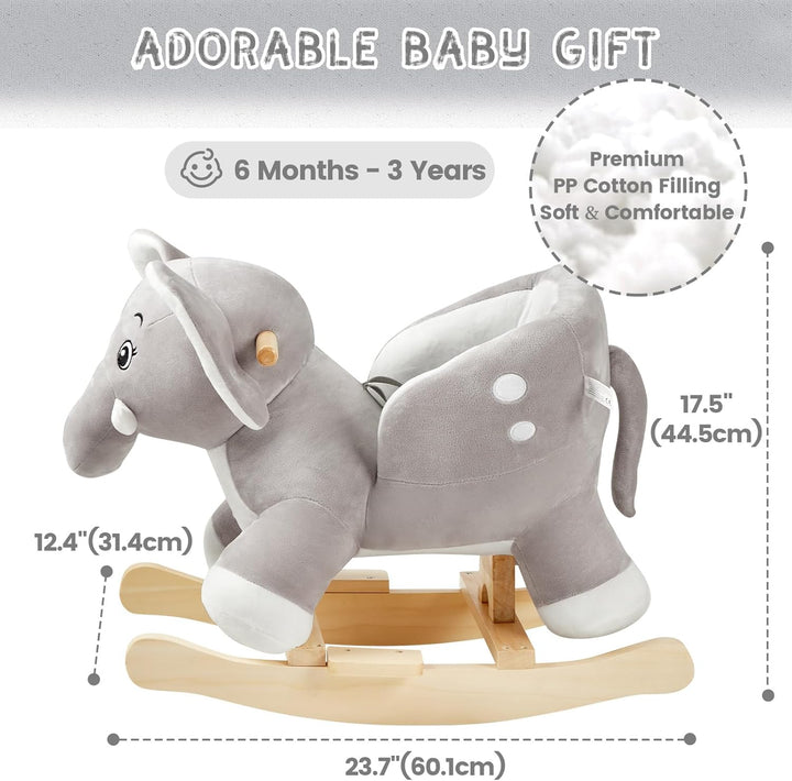Elephant Baby Rocking Horse for Toddlers 6 Months to 3 Years, Cute & Graceful Grey Elephant Rocker for Baby Girl, Stuffed Plush Ride-On Rocking Animal, Easy to Assemble, CPC & CE Certified