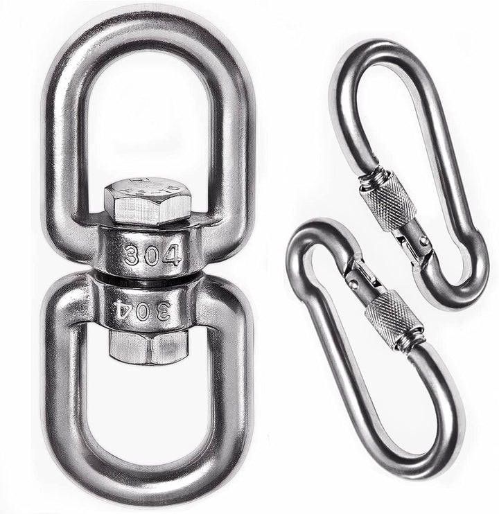 2+1 Heavy Duty 304 Stainless Steel Swivel Ring Double Ended Swivel Eye Hook with SUS304 Snap Hooks for Web Tree Swing, Swing Spinner Hanger, Reliable and Safe (M6)