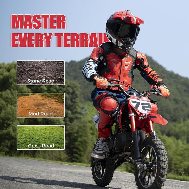 49CC Gas Dirt Bike for Kids 24 MPH Max Speed, Front/Rear Disc Brakes, Dual Suspension, Easy Pull Start - Mini Off-Road Motorcycle, with Armor 250 LBS Capacity Red