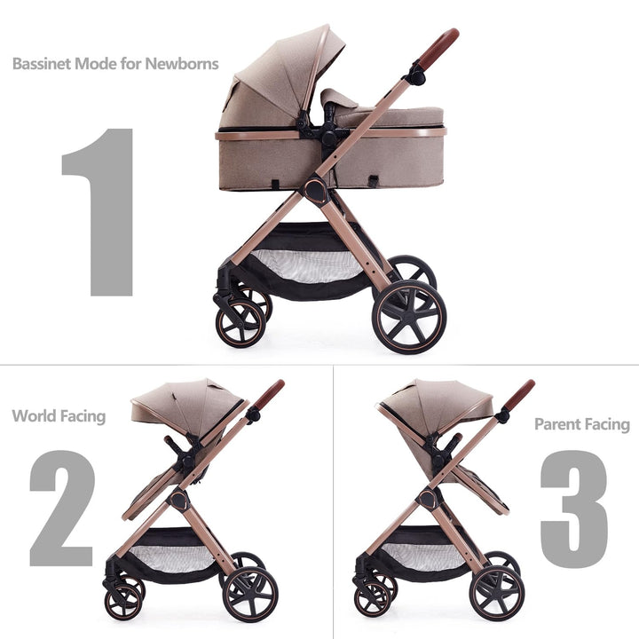 2 in 1 Baby Stroller, Newborn Infant Toddler Convertible Bassinet Pram Stroller for 0-36 Months Old Babies (Beige)
