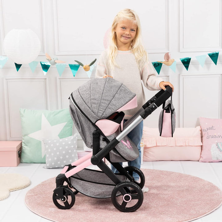 : Pram Xeo: Butterfly Grey & Pink - Matching Handbag, Adjustable Handle, for Dolls up to 20", Ages 3+ | Dress Up