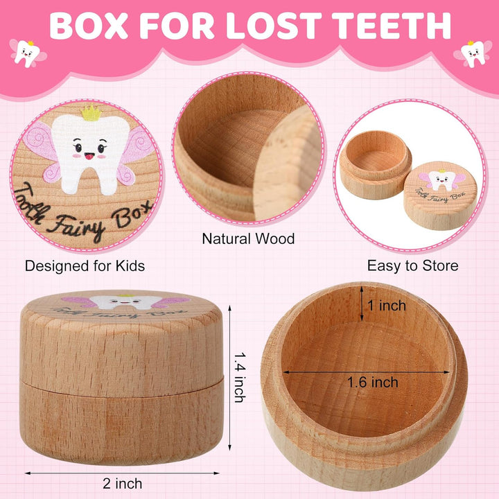 3 Pcs Tooth Fairy Gifts for Girls and Boys Tooth Fairy Box Coin Unicorn Bag with Gold Foil Reward Coins Wood Baby Keepsake Box for Lost Teeth Kids Birthday Gift