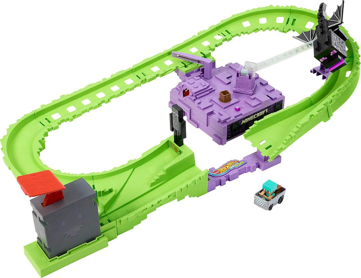 Toy Car Track Set, Racerverse Minecraft Playset & Die-Cast Diamond Armor Steve in Minecart Vehicle, Launch & Race to Defeat Ender Dragon