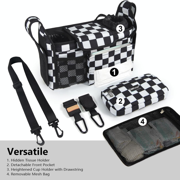 Universal Baby Stroller Organizer, Stroller Caddy with Detachable Mesh Bag & Heightened Insulated Cup Holders & Non-Slip Secure Hooks Accessories, Fits Most Strollers (Checkerboard)