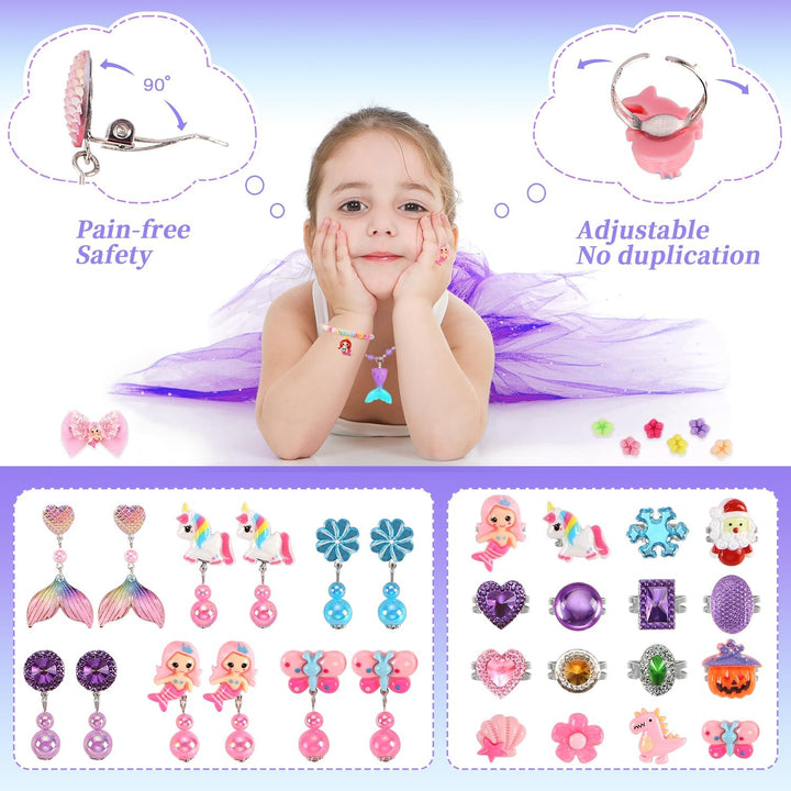 Toddler Toys for Ages 5-7 Girls Jewelry Set,51 Pcs Kids Toys for Girls Age 8-10 Clip on Earrings,Princess Toys Adjustable Ring,Girls Toys Age 3 4 5 6-8 Year Old Birthday Christmas Gifts Hair Clip