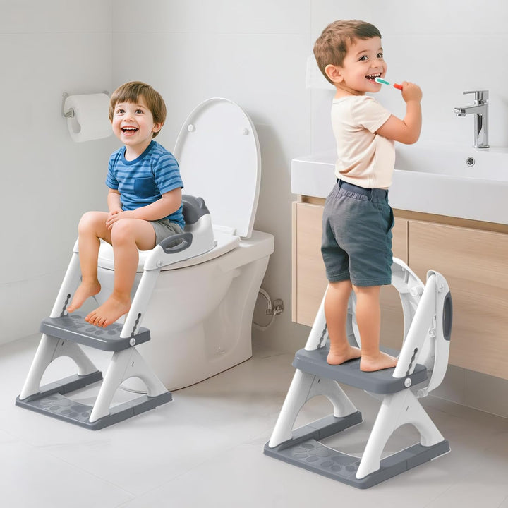 Potty Training Seat with Step Stool Ladder,  Potty Training Toilet for Kids Boys Girls Toddlers - Comfortable Safe Potty Seat with Anti-Slip Pads Ladder Grey