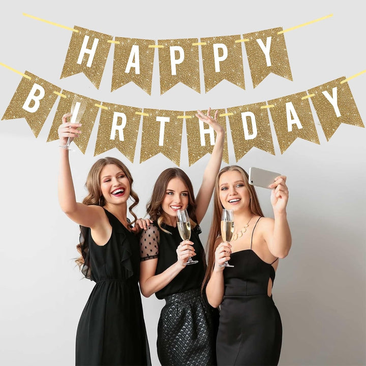 Pre-Strung Gold Happy Birthday Banner Decorations,12 Ft No DIY Gold Glitter Birthday Party Banner Sign Decor for Women Men Girl Boy Party Supplies