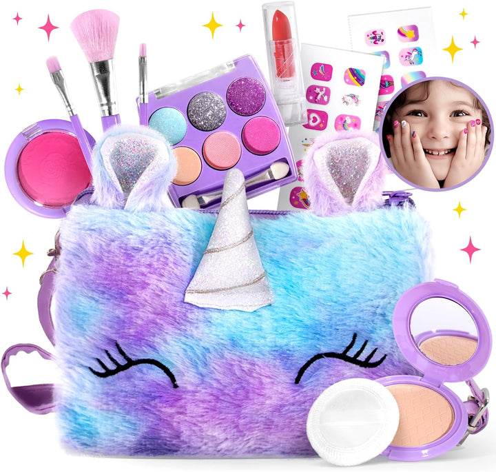 Kids Real Makeup Kit for Girls with Fluffy Purse - Real, Non Toxic, Washable Make up Toy - Umicorn Toys Gift for 3 4 5 6 7 8 Years Old Girls Birthday (Pink Umicorn)