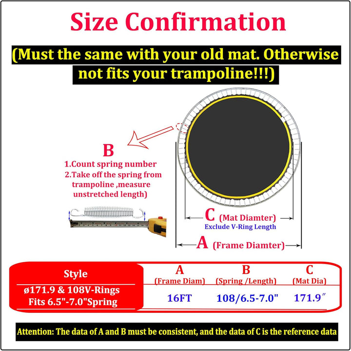 Replacement Trampoline Mat Fits 16 Foot Frame ，171.9“/14.31Ft Diameter with 108Rings,Fits 6.5-7.0" Spring,W/Pull Hook and Gloves