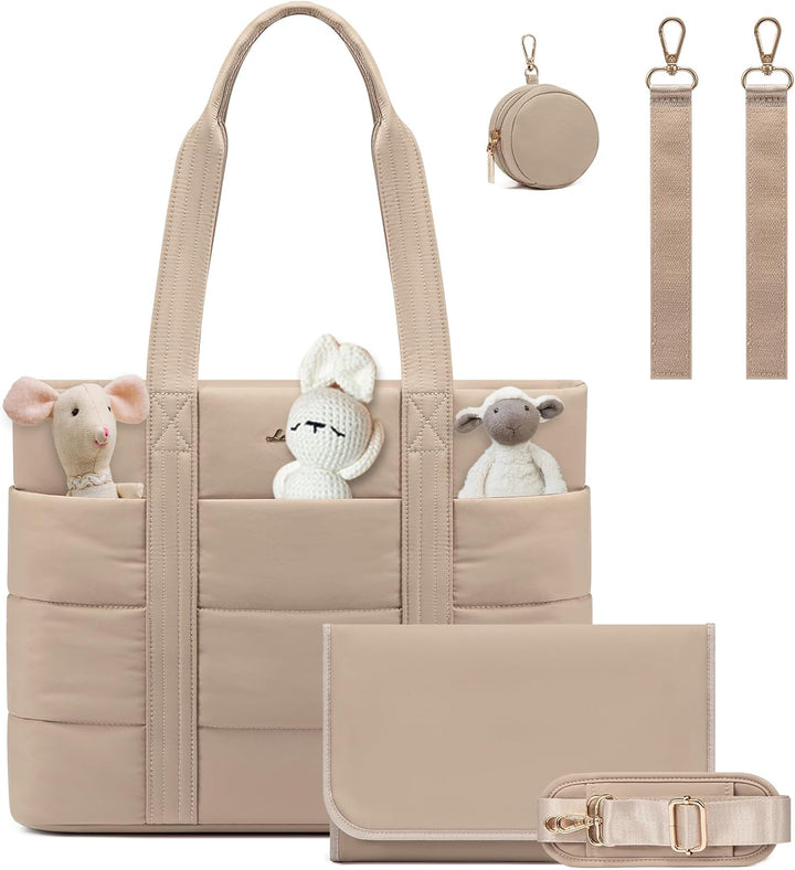 Diaper Bag Tote, 15.6Inch Puffer Baby Diaper Bag Waterproof Travel Diaper Tote with Changing Pad Pacifier Case
